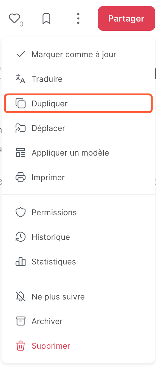 Le menu d’un article, avec l’option Dupliquer