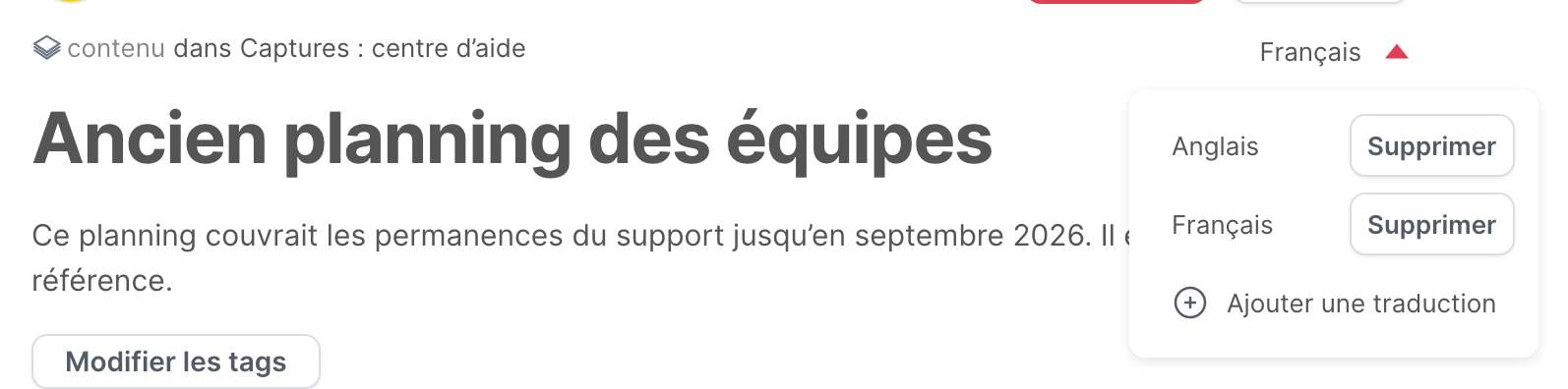 La liste des langues d’un article, avec l’anglais, le français et l’option pour ajouter une traduction