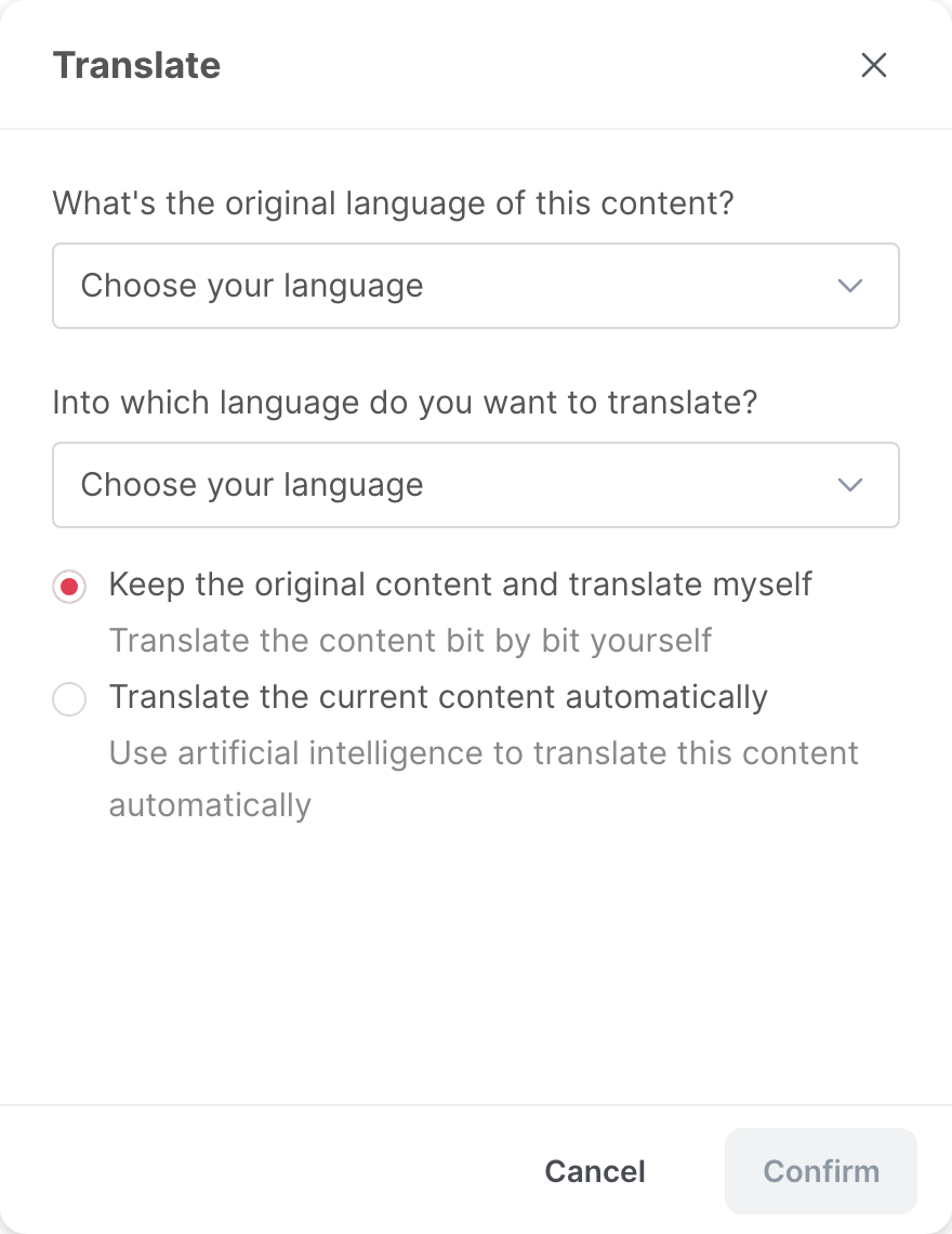 The Translate window, with the original language, the target language and the two options