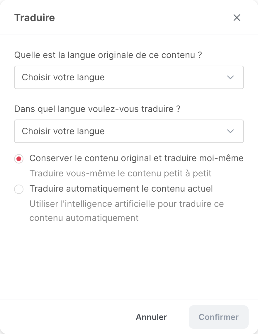 La fenêtre Traduire, avec la langue originale, la langue de traduction et les deux options
