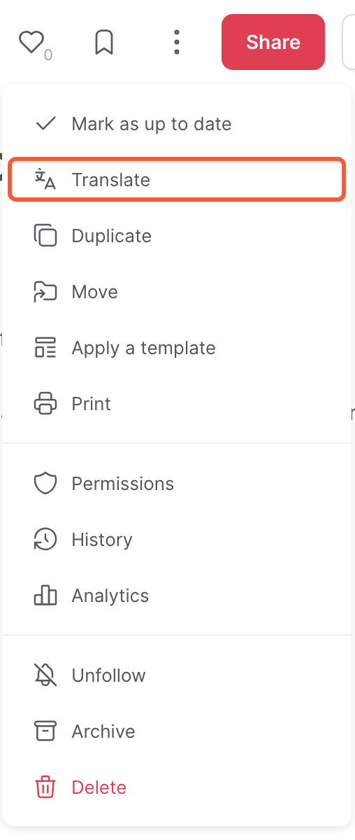 The menu of an article, with the Translate option