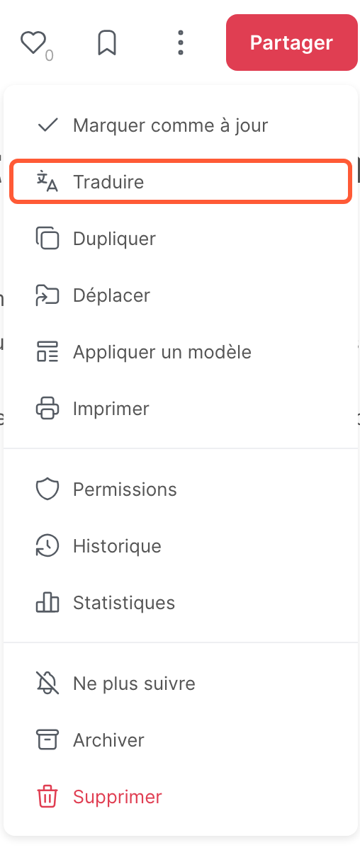 Le menu d’un article, avec l’option Traduire