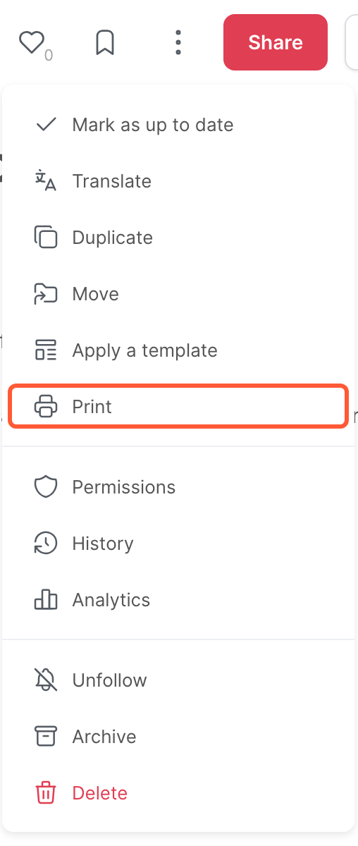 The menu of an article, with the Print option
