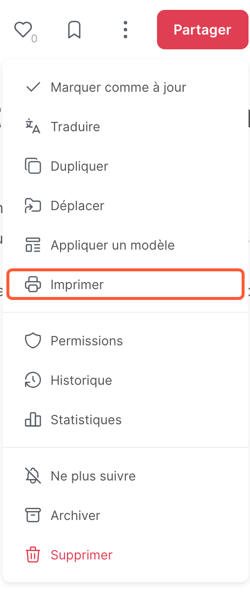 Le menu d’un article, avec l’option Imprimer