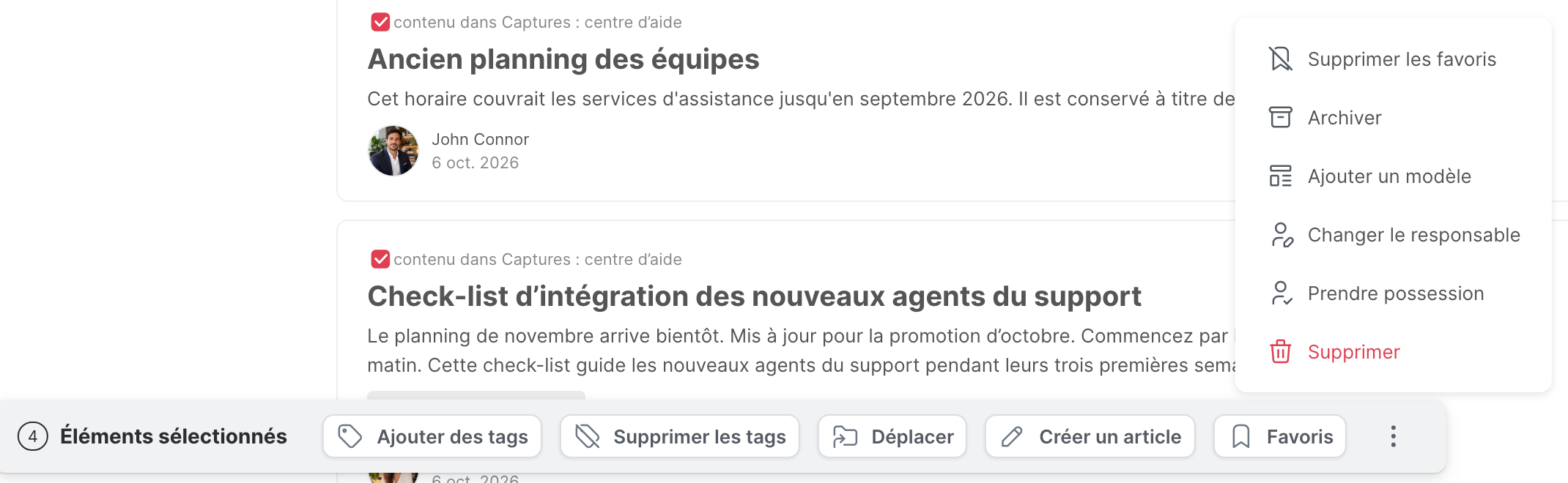 La barre des actions groupées, avec son menu ouvert