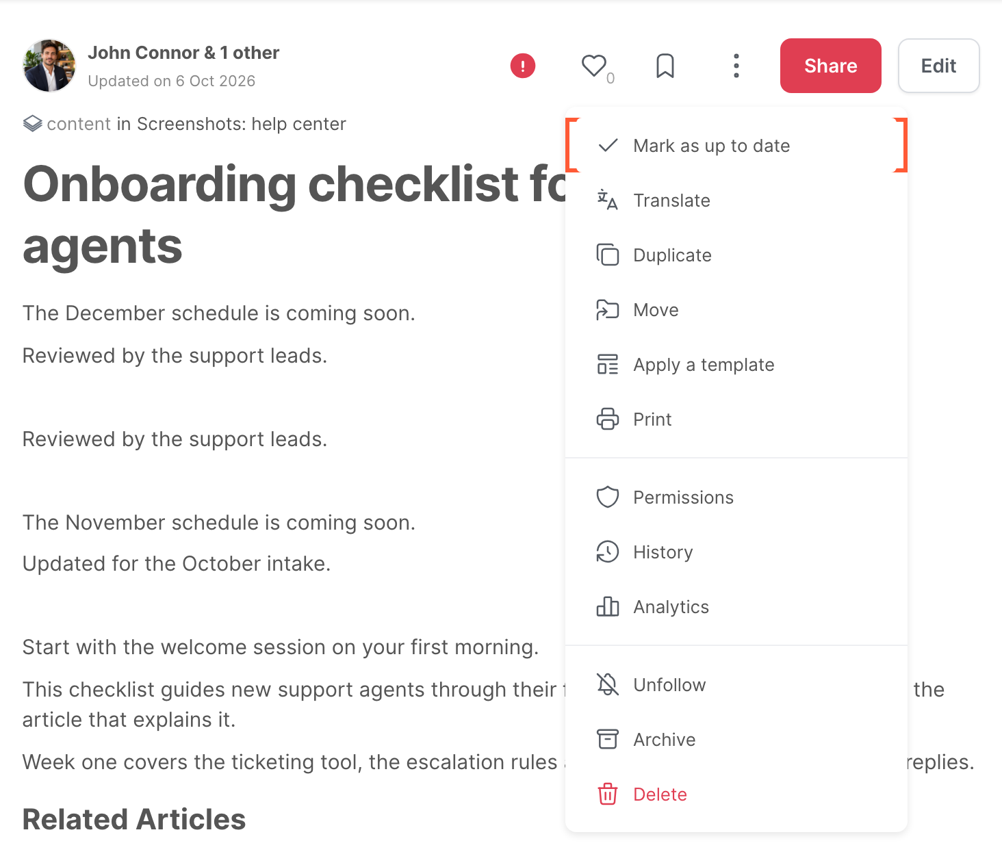 The menu of an article, with the Mark as up to date option