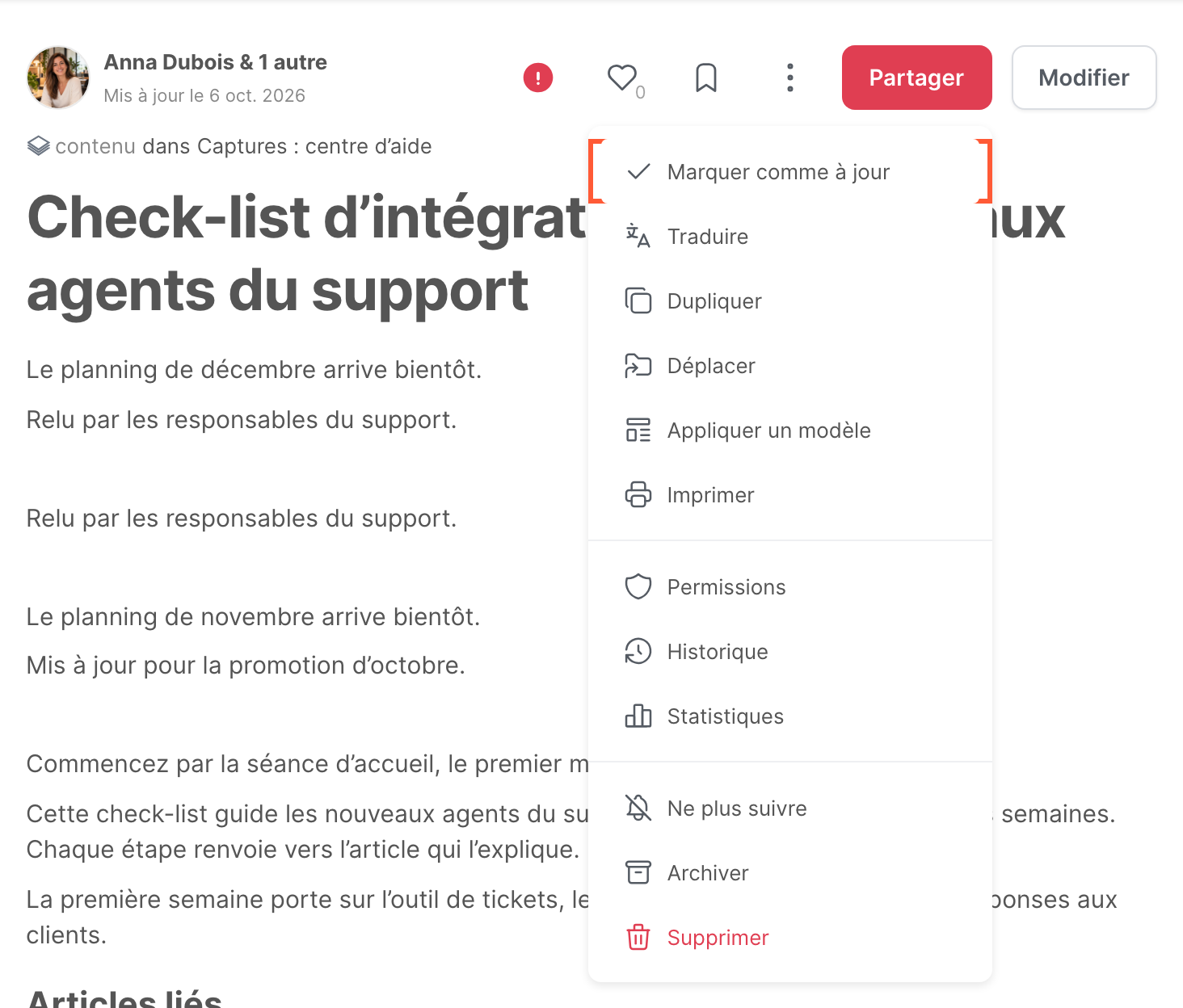 Le menu d’un article, avec l’option Marquer comme à jour