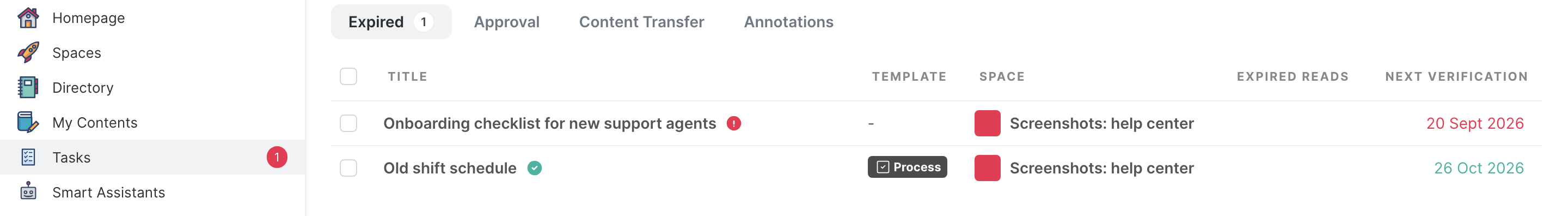 The Expired tab of the Tasks page, with an expired article and an article that expires soon