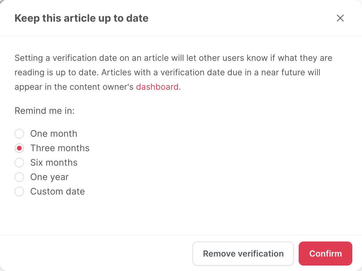 The Keep this article up to date window, with Three months selected