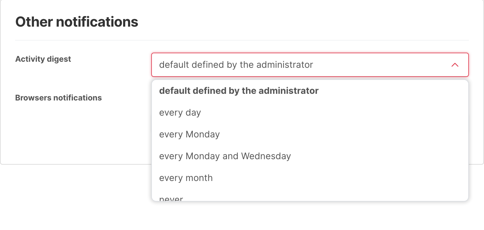 The Activity digest list in the notification settings