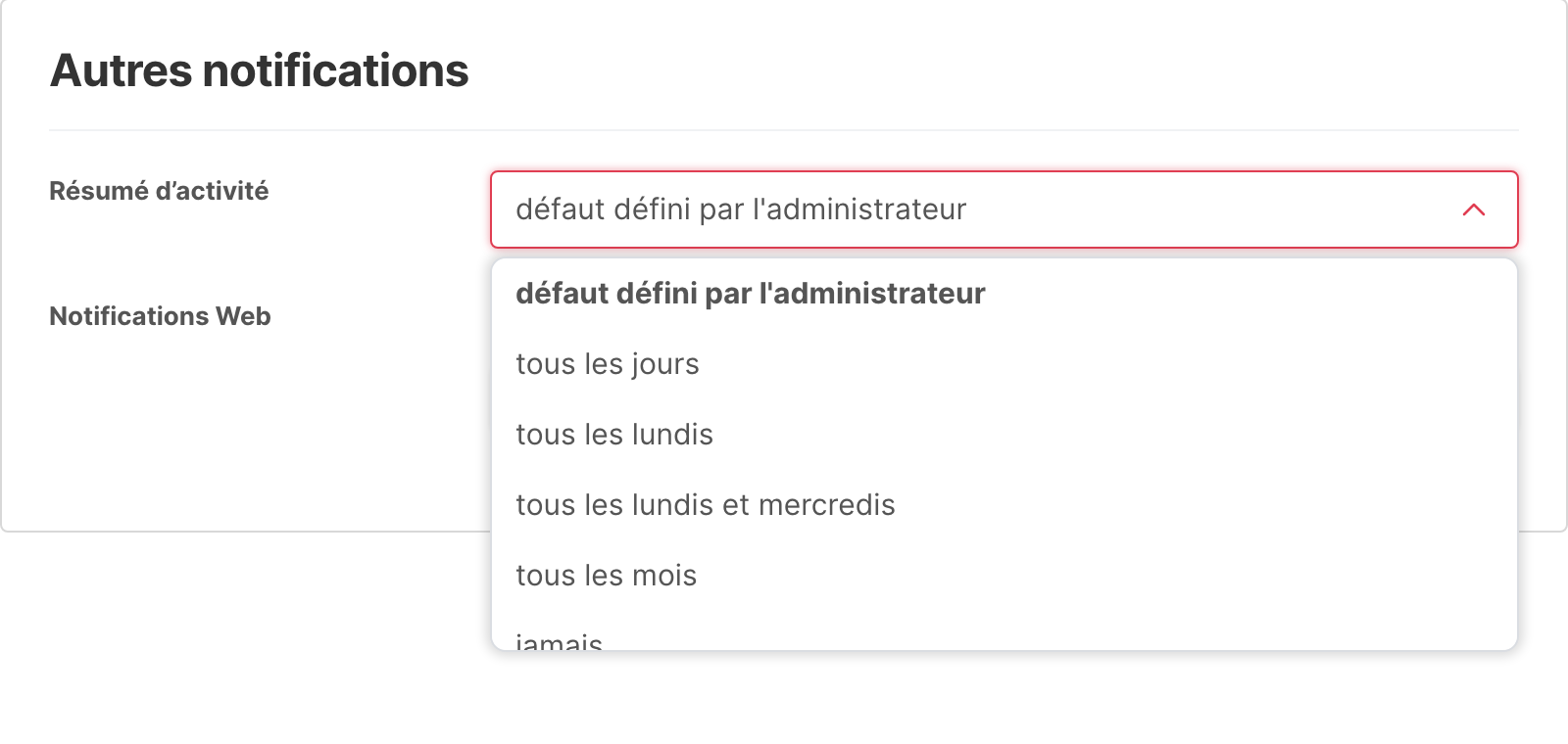 La liste Résumé d’activité dans les paramètres de notification