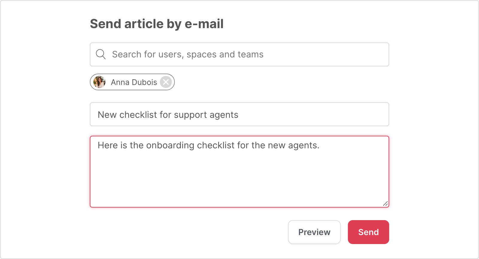 The Send article by e-mail page, with one recipient, a subject and a message