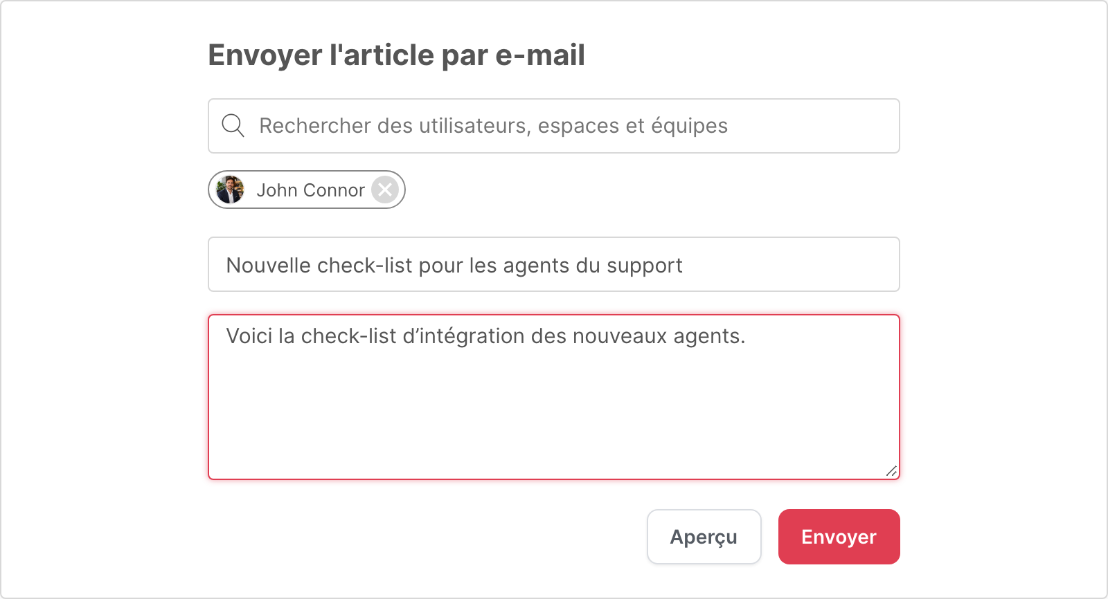 La page Envoyer l’article par e-mail, avec un destinataire, un sujet et un message