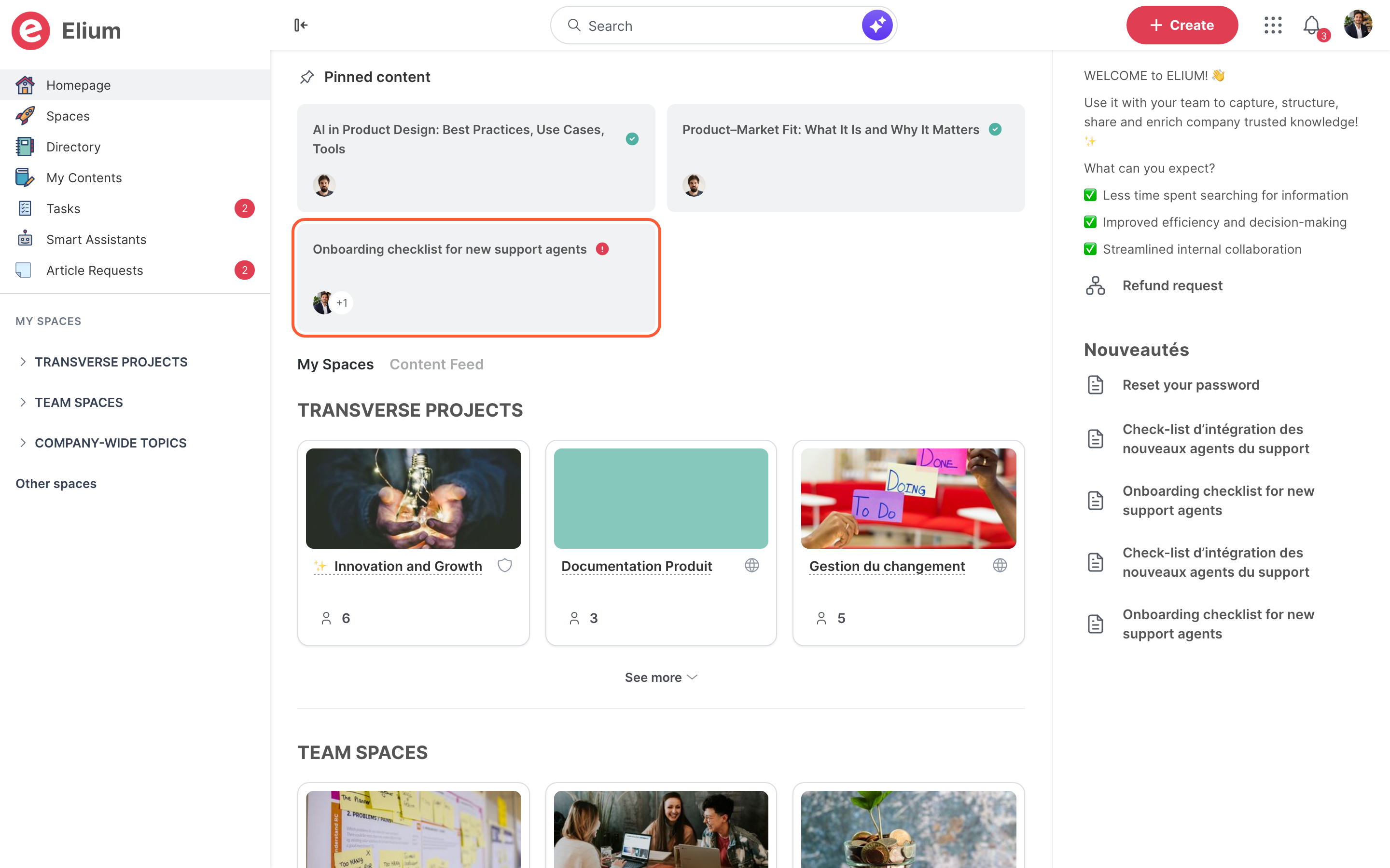 The homepage, with the promoted article in Pinned content at the top