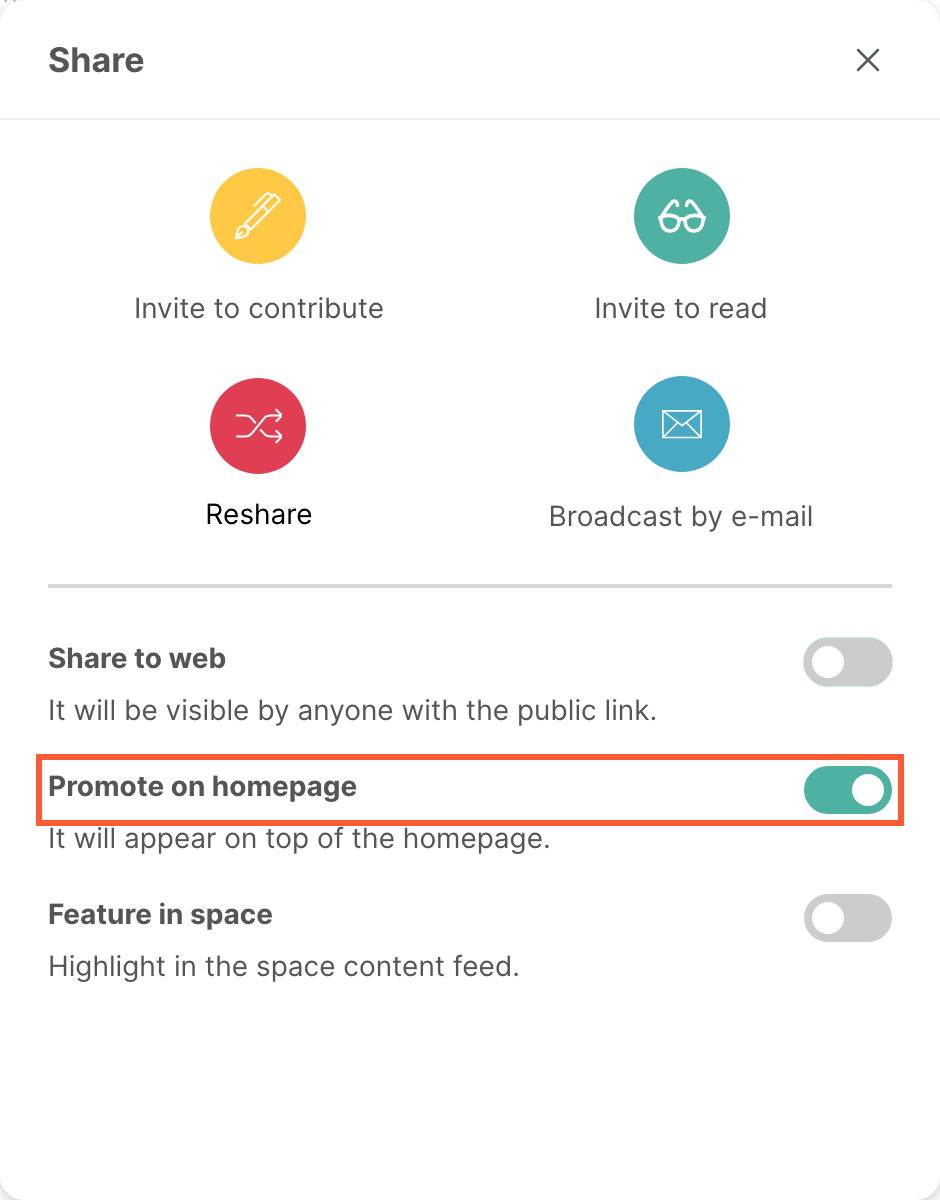 The Share window, with Promote on homepage enabled