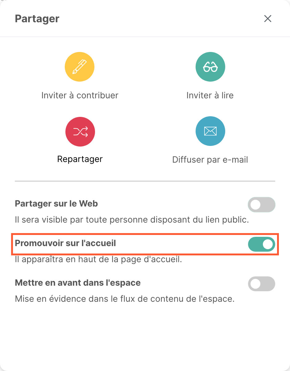 La fenêtre Partager, avec Promouvoir sur l’accueil activé