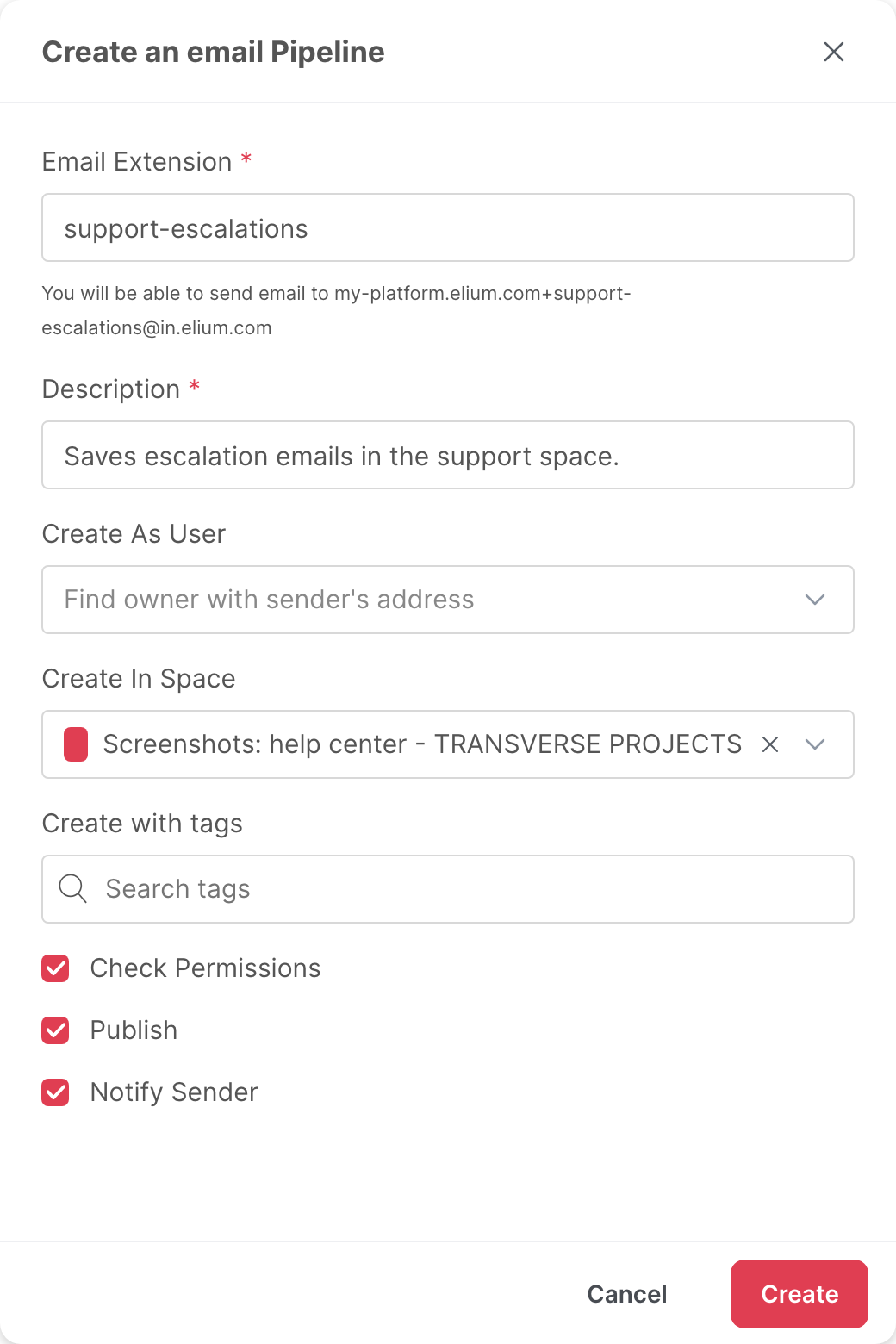 The Create an email Pipeline form, filled in