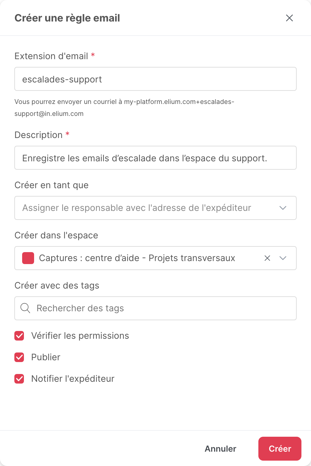 Le formulaire Créer une règle email, rempli