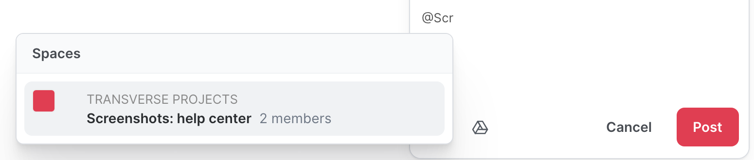 The mention list, with a space under Spaces