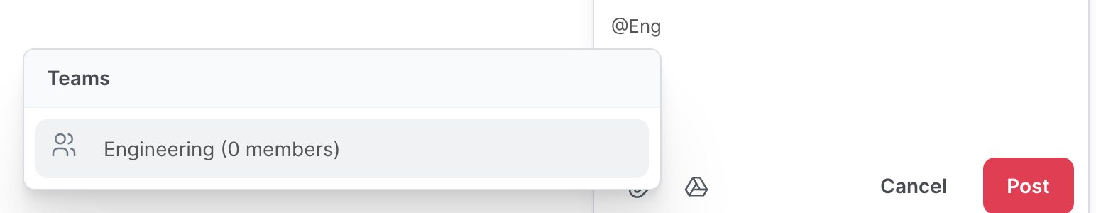 The mention list, with a team under Teams