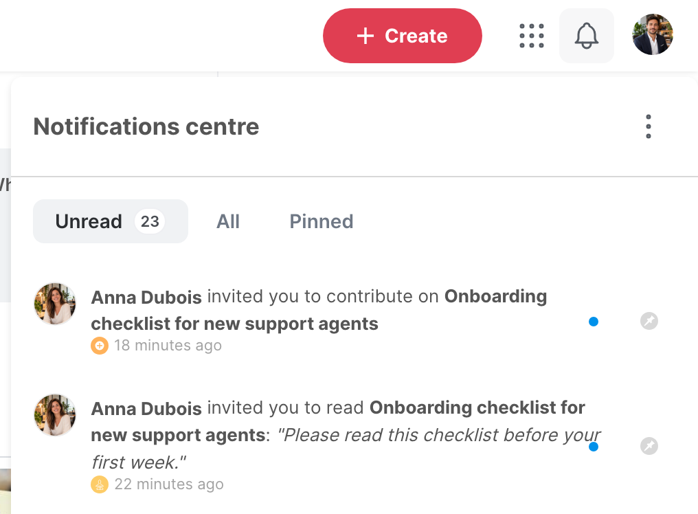 The notification centre, with the Unread tab