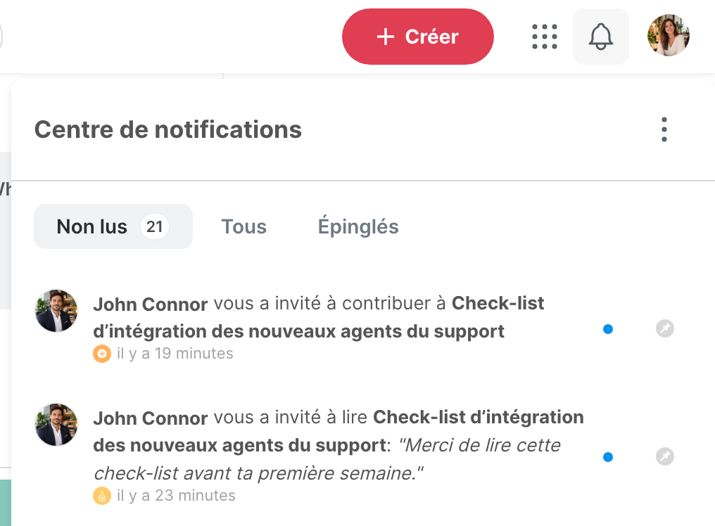 Le centre de notifications, avec l’onglet Non lus