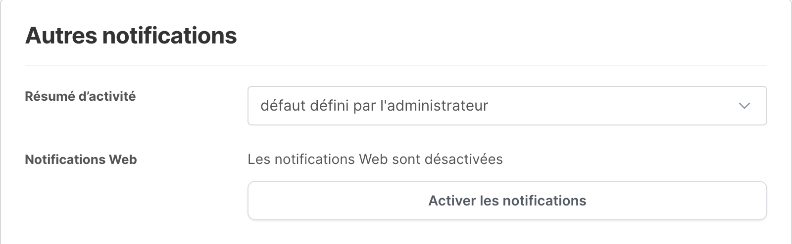 La section Autres notifications, avec les réglages Résumé d’activité et Notifications Web