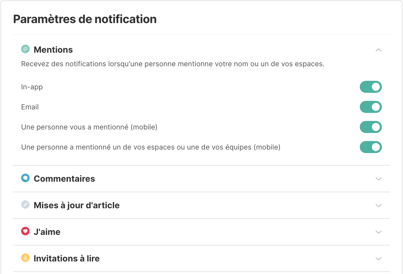 La page Paramètres de notification, avec la section Mentions ouverte