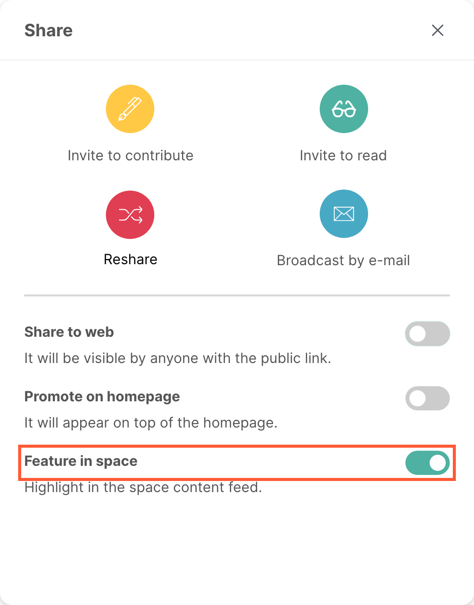 The Share window, with Feature in space enabled