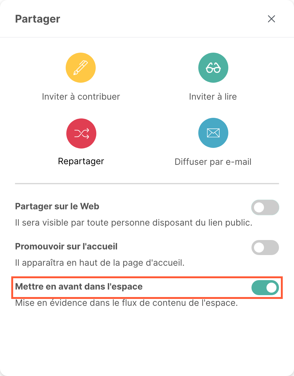 La fenêtre Partager, avec Mettre en avant dans l’espace activé