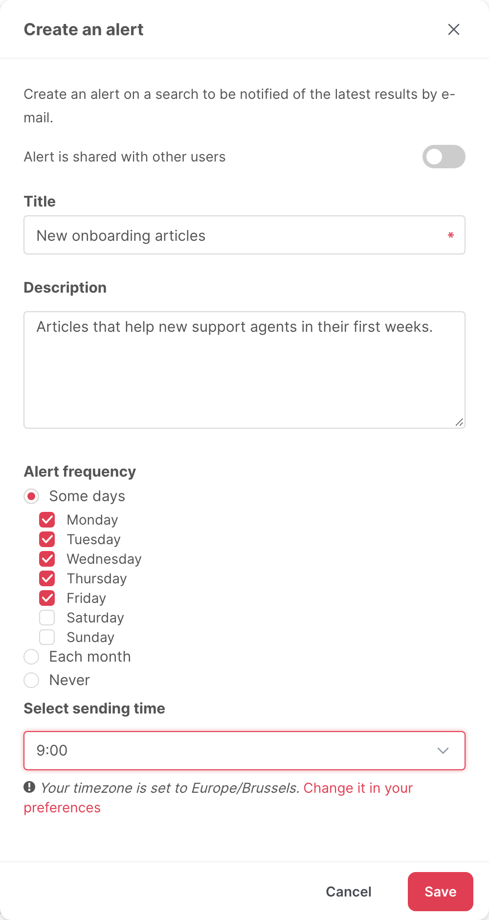 The Create an alert window, filled in