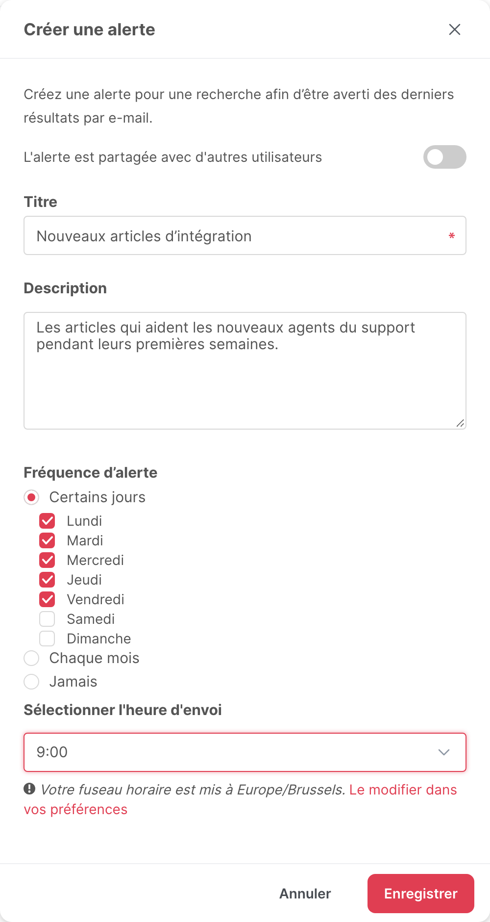 La fenêtre Créer une alerte, remplie