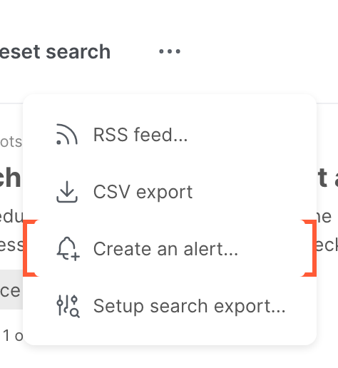 The search menu, with the Create an alert option