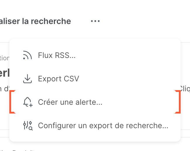 Le menu de la recherche, avec l’option Créer une alerte