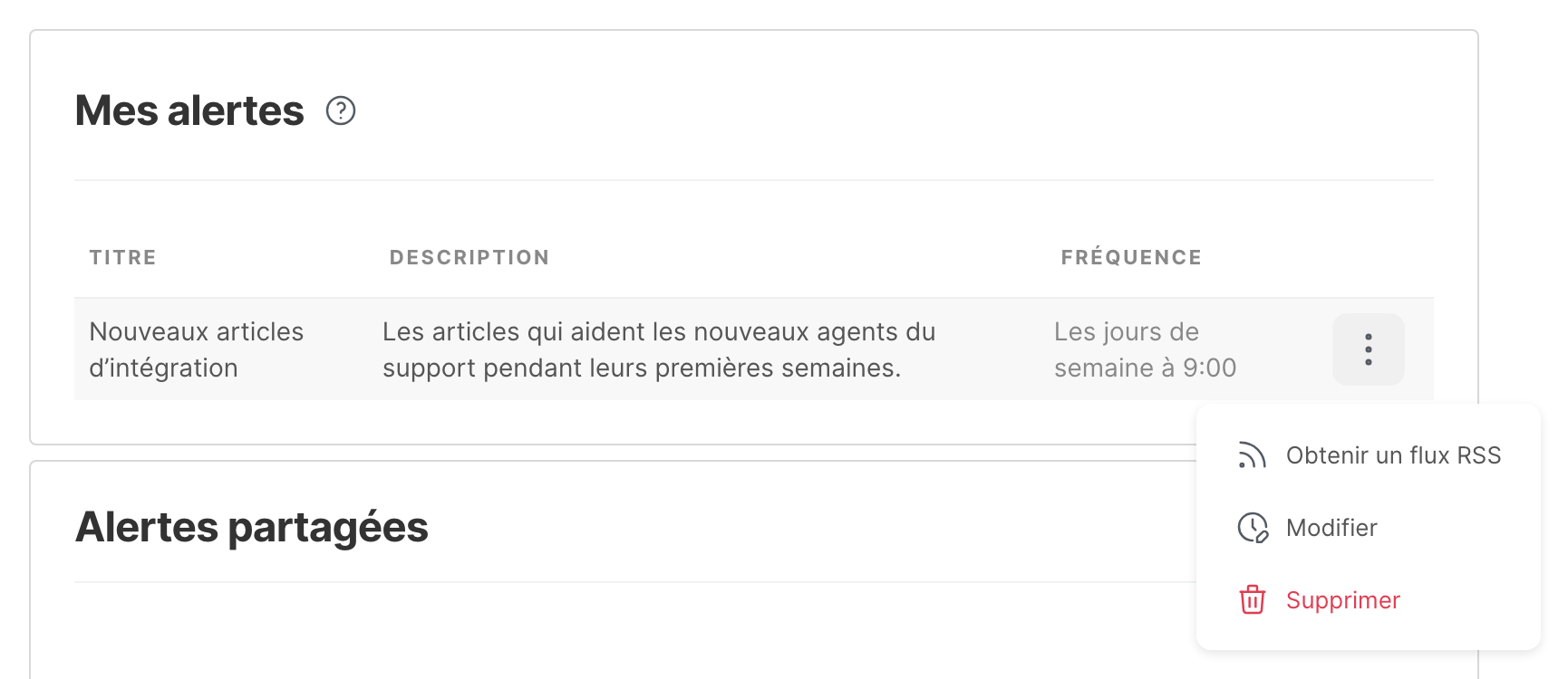 La liste Mes alertes, avec le menu d’une alerte