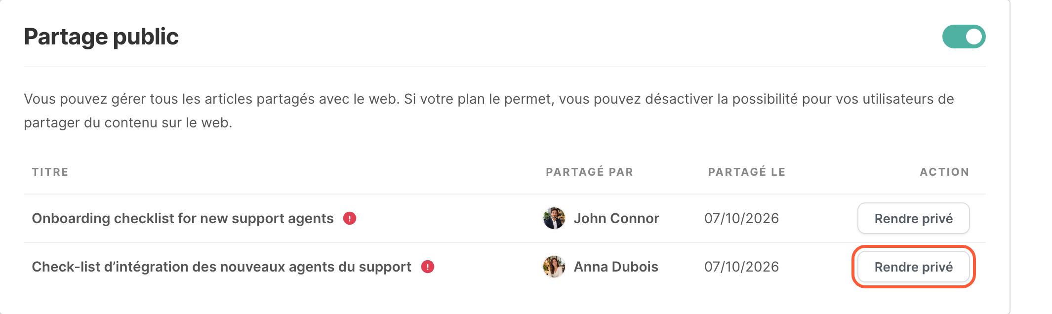 La liste Partage public, avec le bouton Rendre privé