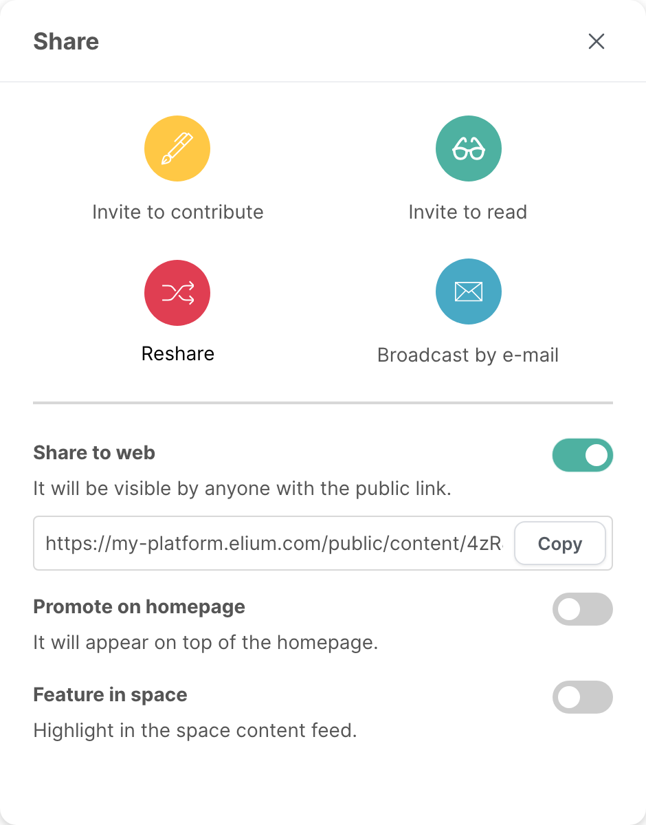 The Share window, with Share to web enabled and the Copy button