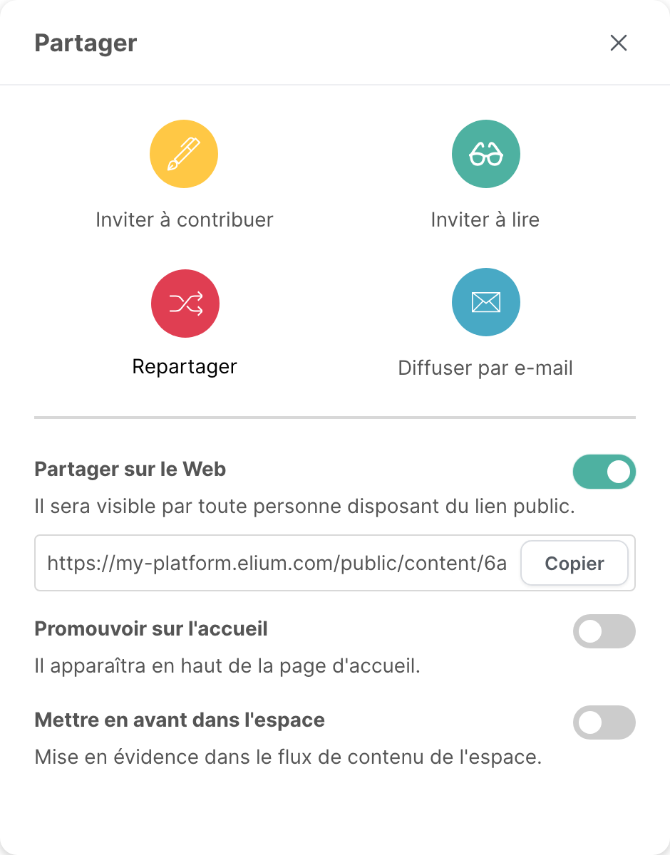 La fenêtre Partager, avec Partager sur le Web activé et le bouton Copier
