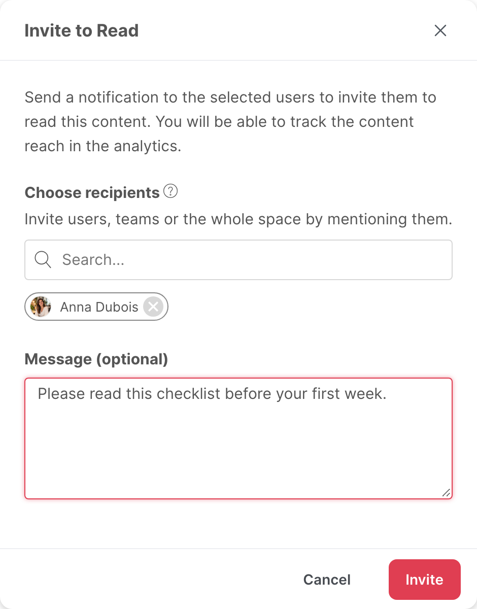 The Invite to Read window, with one recipient and a message