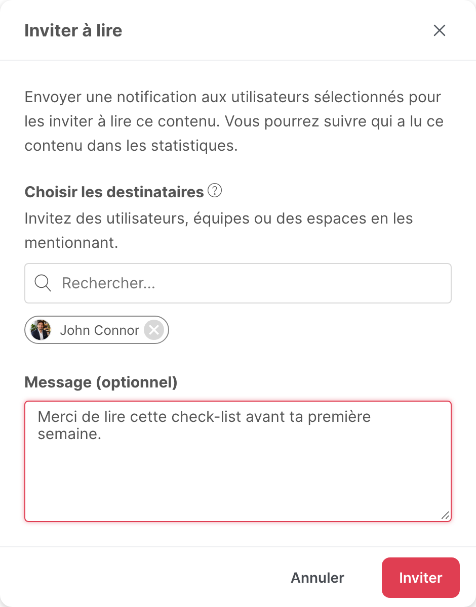 La fenêtre Inviter à lire, avec un destinataire et un message