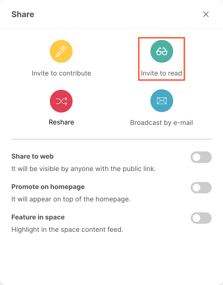 The Share window, with the Invite to read option
