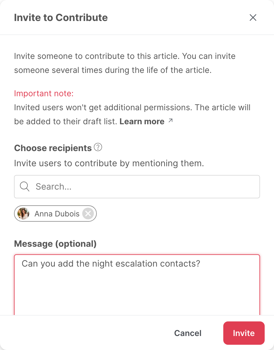 The Invite to Contribute window, with one recipient and a message