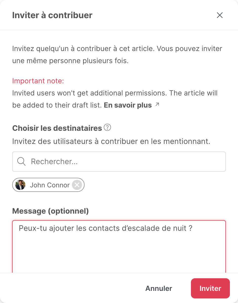 La fenêtre Inviter à contribuer, avec un destinataire et un message