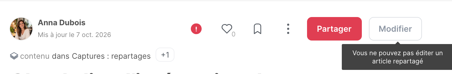 L’en-tête d’un repartage, avec le message Vous ne pouvez pas éditer un article repartagé