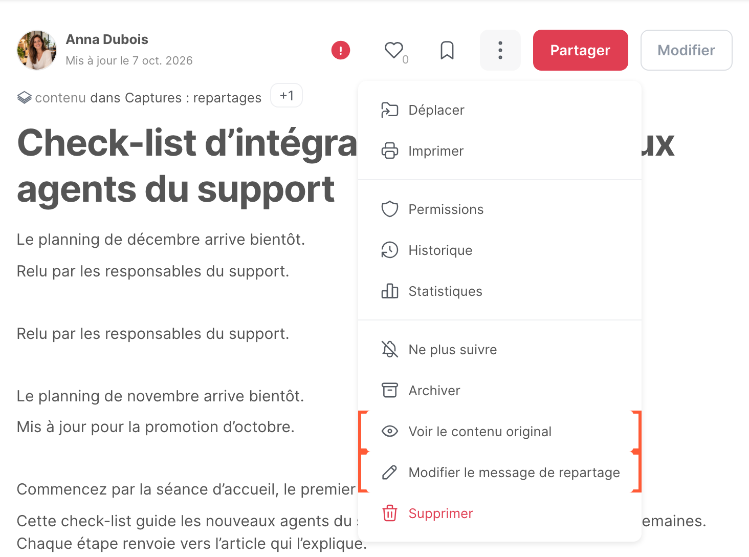 Le menu d’un repartage, avec Voir le contenu original et Modifier le message de repartage