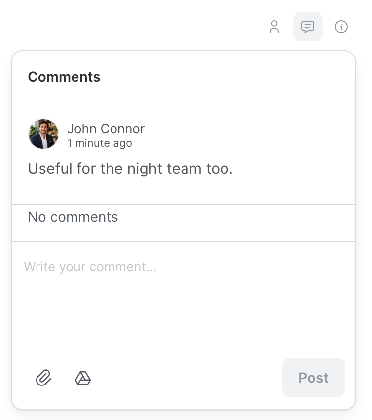 The comments of a reshare, with the reshare message at the top
