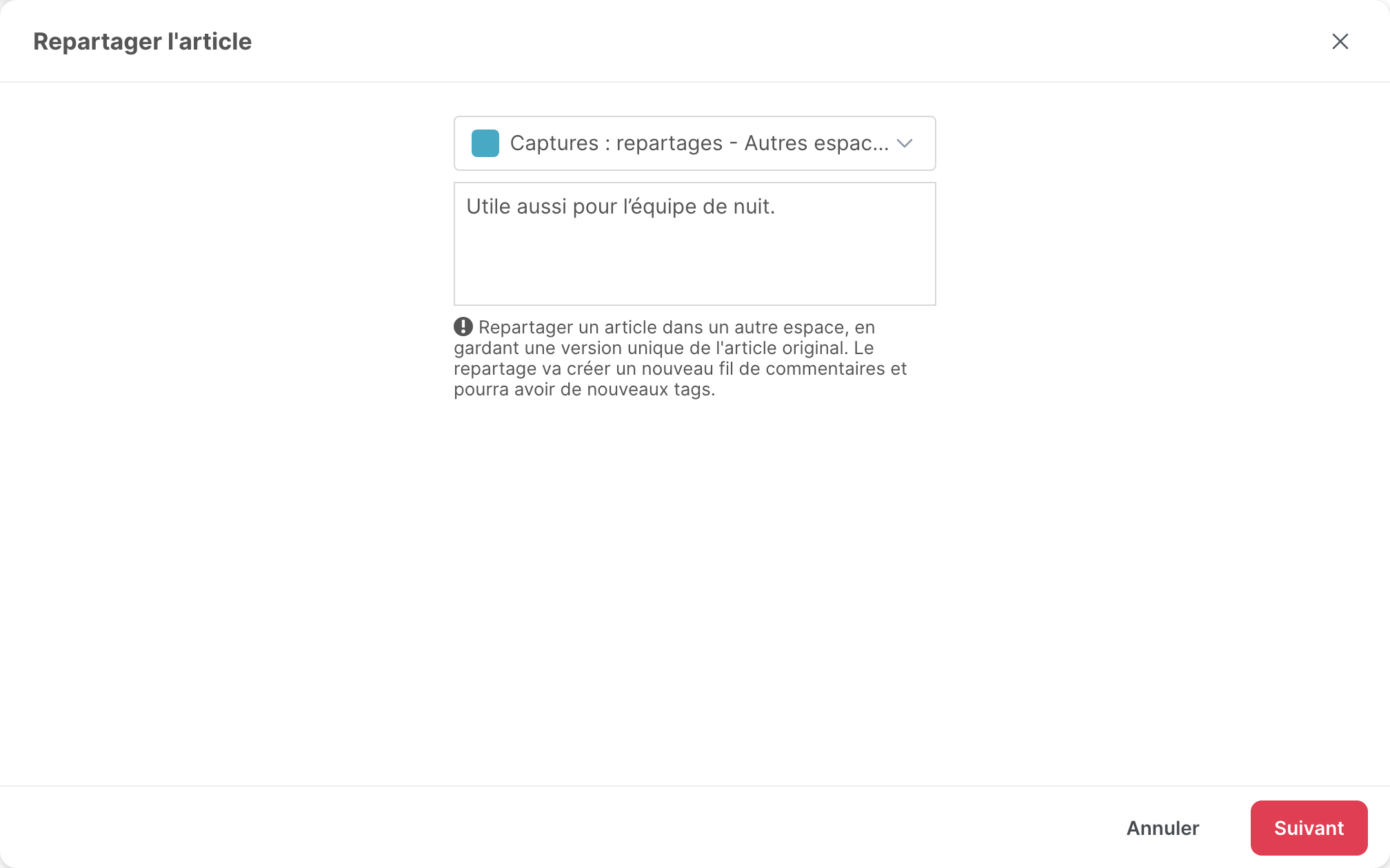 La fenêtre Repartager l’article, avec un espace et un message