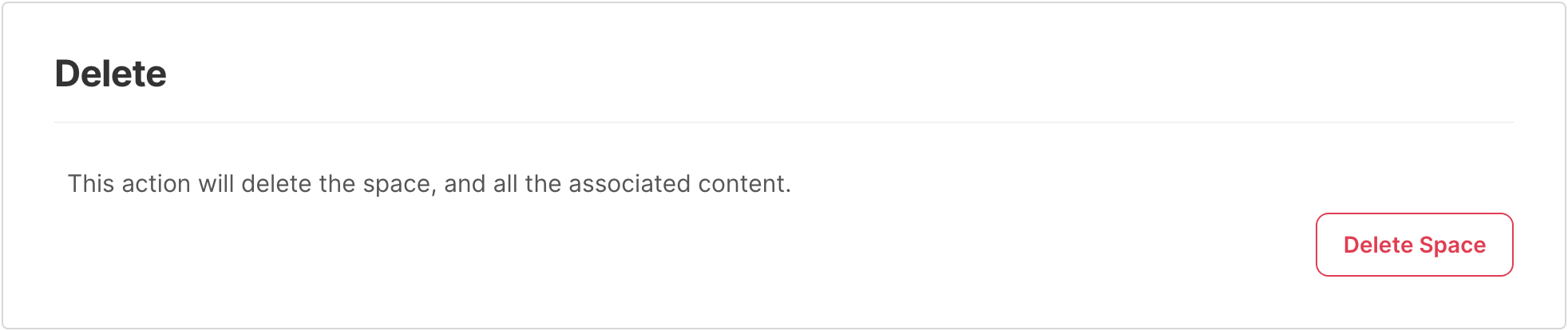 The Delete card in the settings of a space