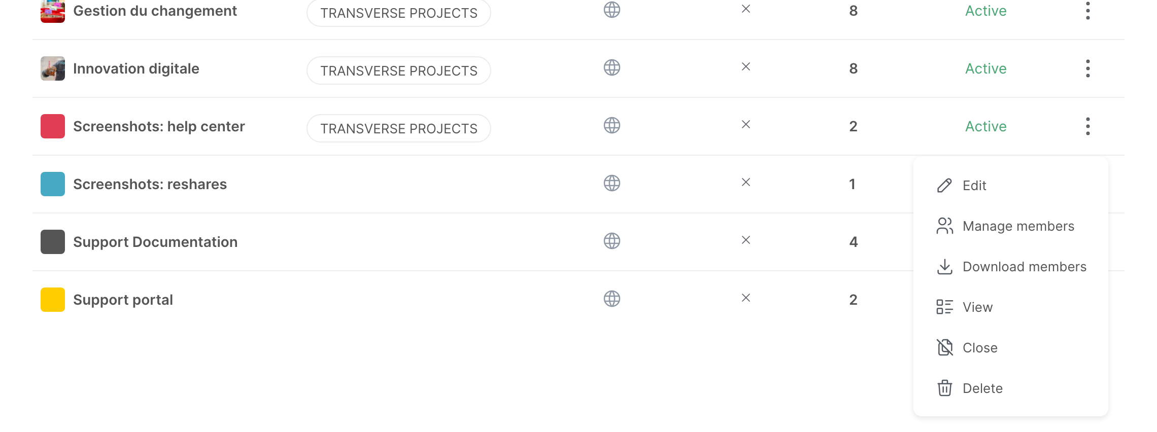 The Spaces page of the settings, with the menu of a space
