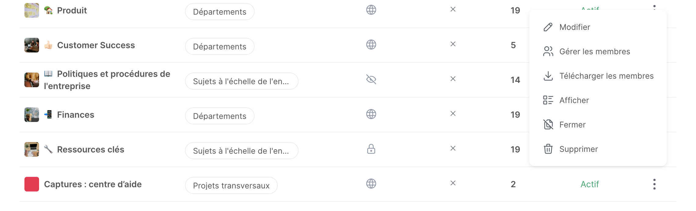 La page Espaces des paramètres, avec le menu d’un espace